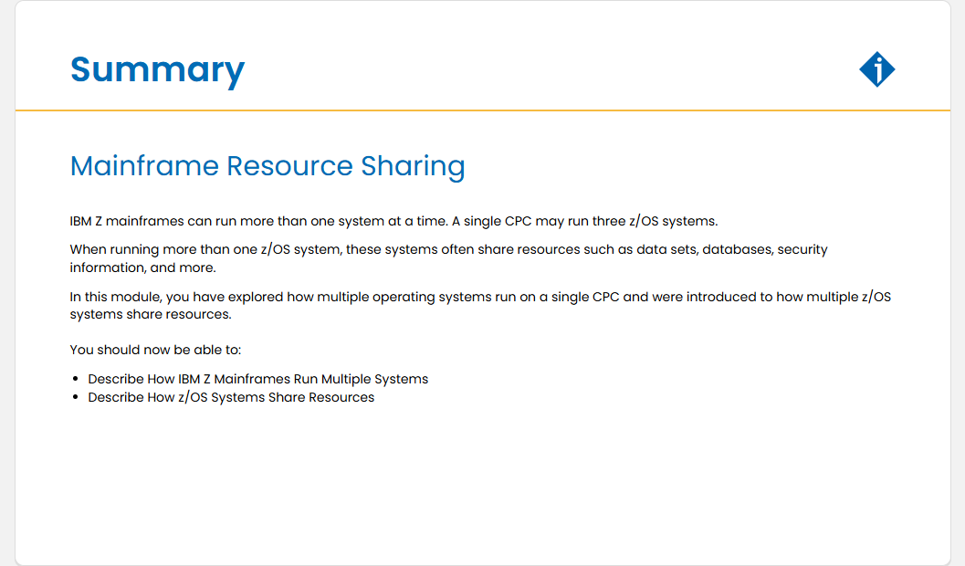 Mainframe Resource Sharing Quiz: Mainframe Resource Sharing - Summary screenshot